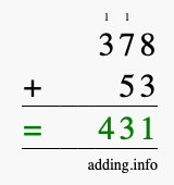 Calculate 378 + 53 using long addition