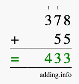 Calculate 378 + 55 using long addition