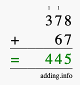 Calculate 378 + 67 using long addition