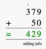 Calculate 379 + 50 using long addition