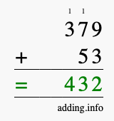 Calculate 379 + 53 using long addition