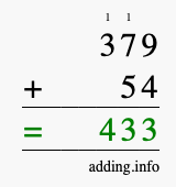 Calculate 379 + 54 using long addition