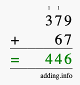 Calculate 379 + 67 using long addition