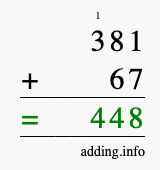 Calculate 381 + 67 using long addition