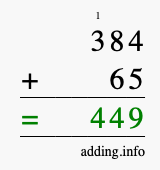 Calculate 384 + 65 using long addition