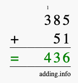 Calculate 385 + 51 using long addition