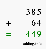 Calculate 385 + 64 using long addition