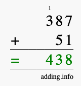 Calculate 387 + 51 using long addition