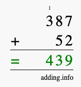 Calculate 387 + 52 using long addition