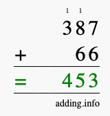 Calculate 387 + 66 using long addition