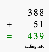 Calculate 388 + 51 using long addition