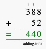 Calculate 388 + 52 using long addition