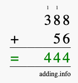 Calculate 388 + 56 using long addition