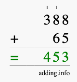 Calculate 388 + 65 using long addition