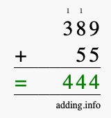 Calculate 389 + 55 using long addition