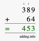 Calculate 389 + 64 using long addition