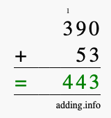 Calculate 390 + 53 using long addition