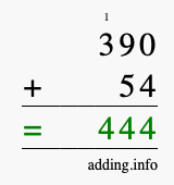 Calculate 390 + 54 using long addition