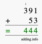 Calculate 391 + 53 using long addition