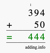 Calculate 394 + 50 using long addition