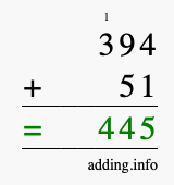 Calculate 394 + 51 using long addition