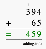 Calculate 394 + 65 using long addition