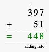 Calculate 397 + 51 using long addition