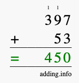 Calculate 397 + 53 using long addition
