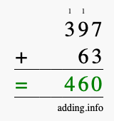 Calculate 397 + 63 using long addition