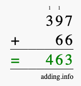 Calculate 397 + 66 using long addition