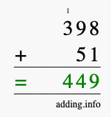 Calculate 398 + 51 using long addition