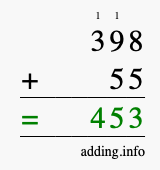 Calculate 398 + 55 using long addition