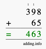 Calculate 398 + 65 using long addition