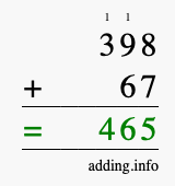 Calculate 398 + 67 using long addition
