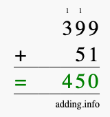 Calculate 399 + 51 using long addition