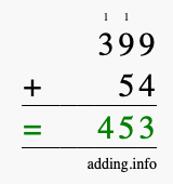 Calculate 399 + 54 using long addition