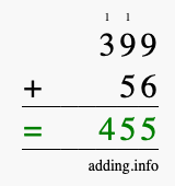 Calculate 399 + 56 using long addition