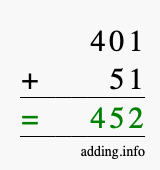 Calculate 401 + 51 using long addition