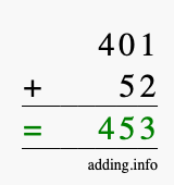 Calculate 401 + 52 using long addition