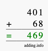 Calculate 401 + 68 using long addition