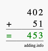Calculate 402 + 51 using long addition