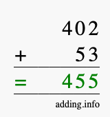 Calculate 402 + 53 using long addition
