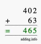 Calculate 402 + 63 using long addition