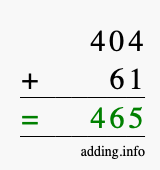 Calculate 404 + 61 using long addition
