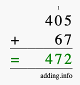 Calculate 405 + 67 using long addition