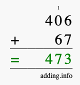 Calculate 406 + 67 using long addition
