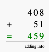 Calculate 408 + 51 using long addition