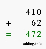 Calculate 410 + 62 using long addition