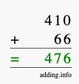 Calculate 410 + 66 using long addition