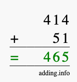 Calculate 414 + 51 using long addition
